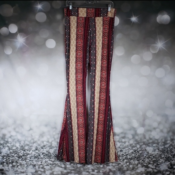 Boho Stripe Bell Bottoms Flare Pants Red Stretchy - Picture 2 of 5